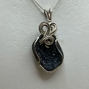 Sterling Silver and Black Druzy Spiral Necklace with Intricate Wire Design